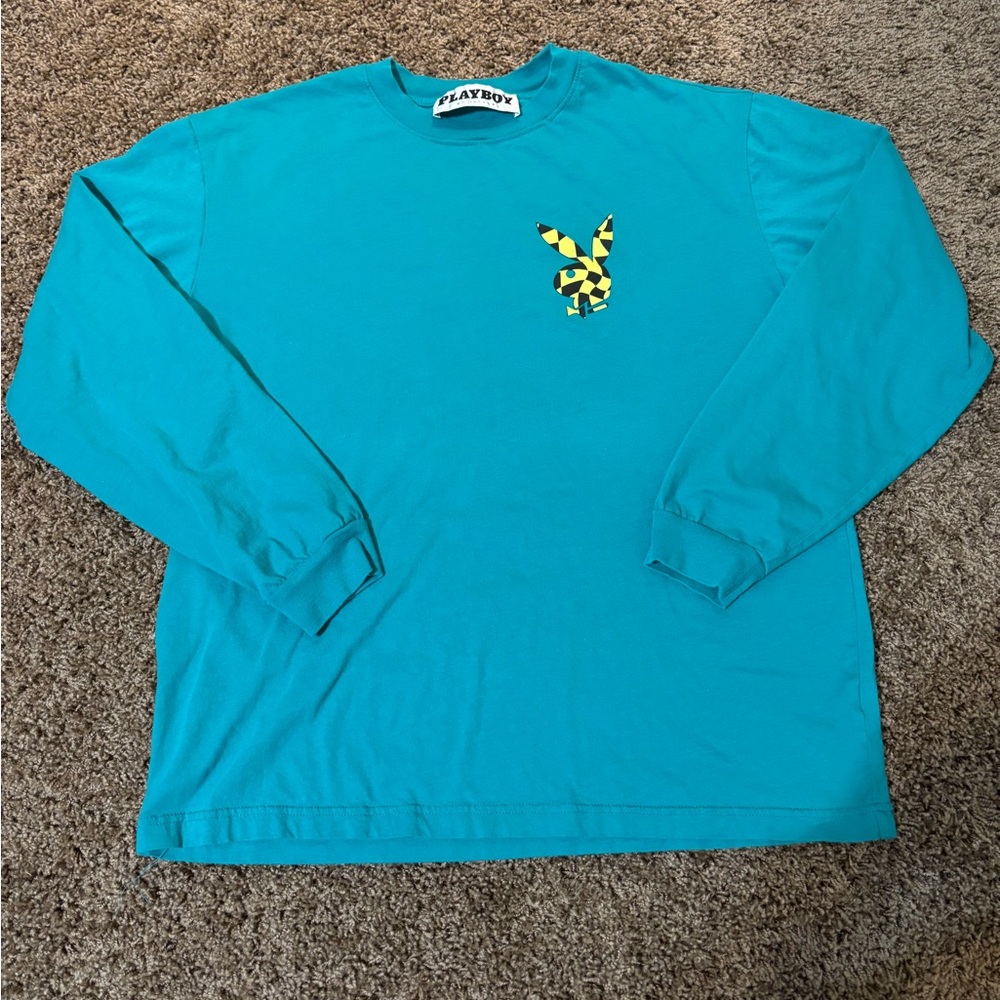 Playboy By Pacsun Men T Shirt Blue Bunny Logo Long Sleeve Pullover Size M Cotton